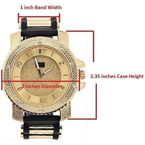 Gold Fully Iced Out Watch & Jewelry Set w/Cuban Chain Bracelet, Earrings & Ring - Picture 4 of 6